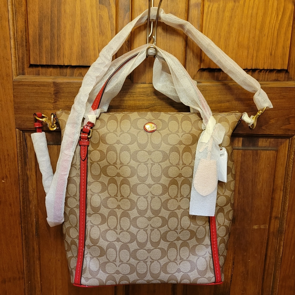 Coach Peyton Signature Convertible Shoulder Bag Tote Handbag F24601 Khaki & Red